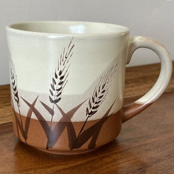 Vintage Stoneware Wheat Mug Brown Beige Coffee Cup - Picture 1 of 10